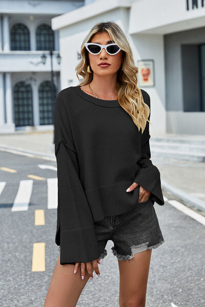 Liam High-Low Slit Round Neck Long Sleeve Sweater