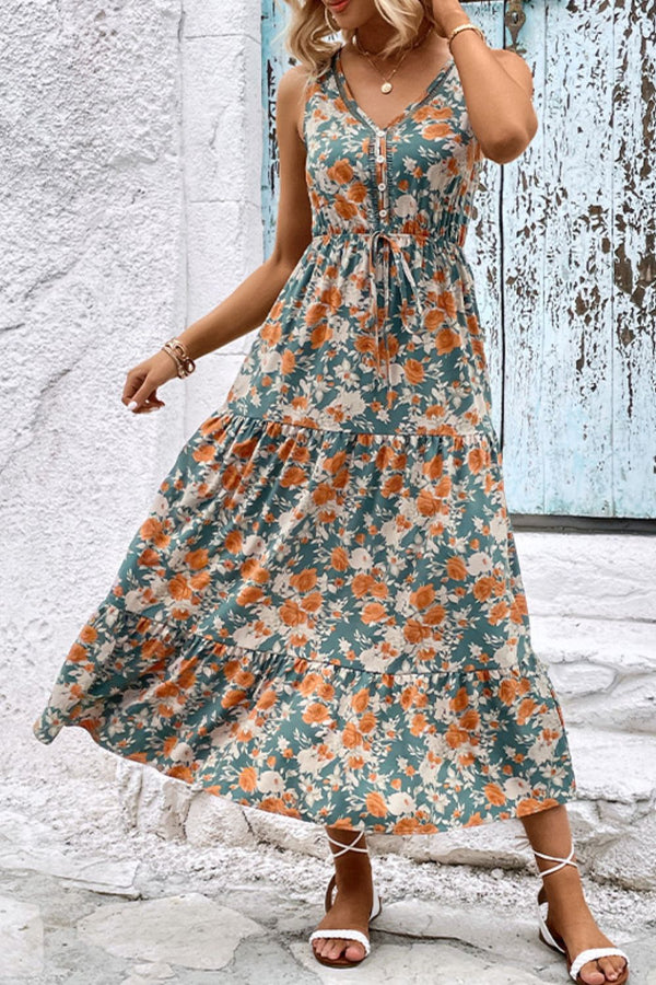 Farrah Floral V-Neck Tiered Sleeveless Dress