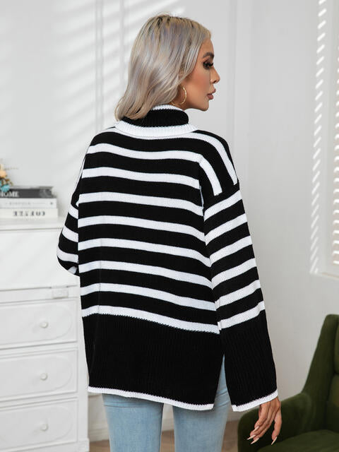 Jill Striped Slit Turtleneck Drop Shoulder Sweater