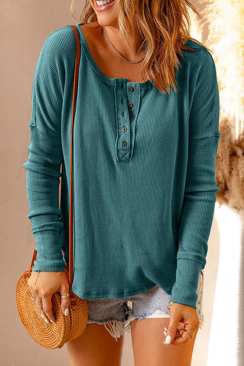 Iyla Waffle Knit Henley Long Sleeve Top - Deal of the Day!