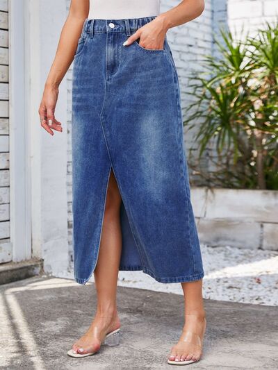 Tina Slit Midi Denim Skirt with Pockets