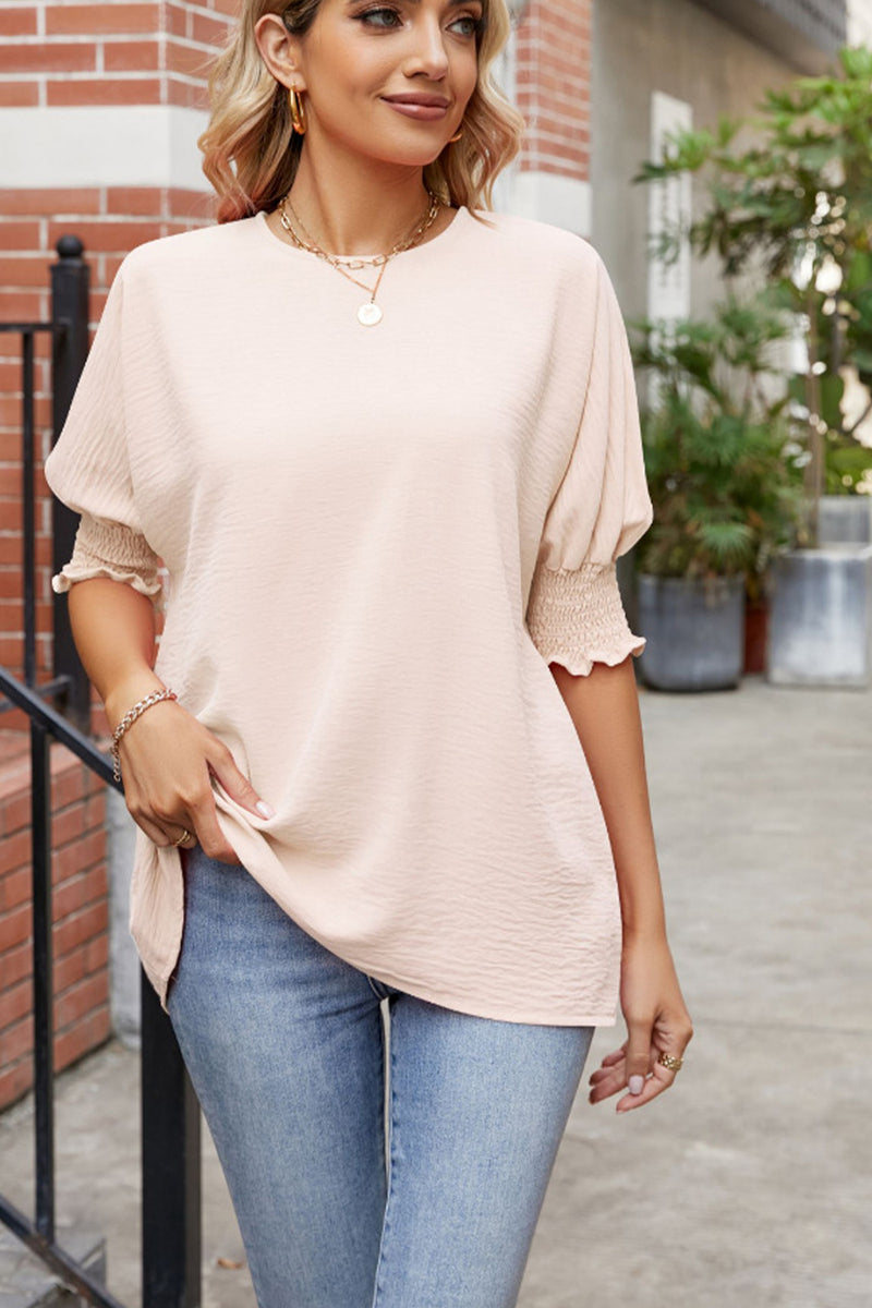 Viola Round Neck Smocked Lantern Sleeve Blouse -- Deal of the day!