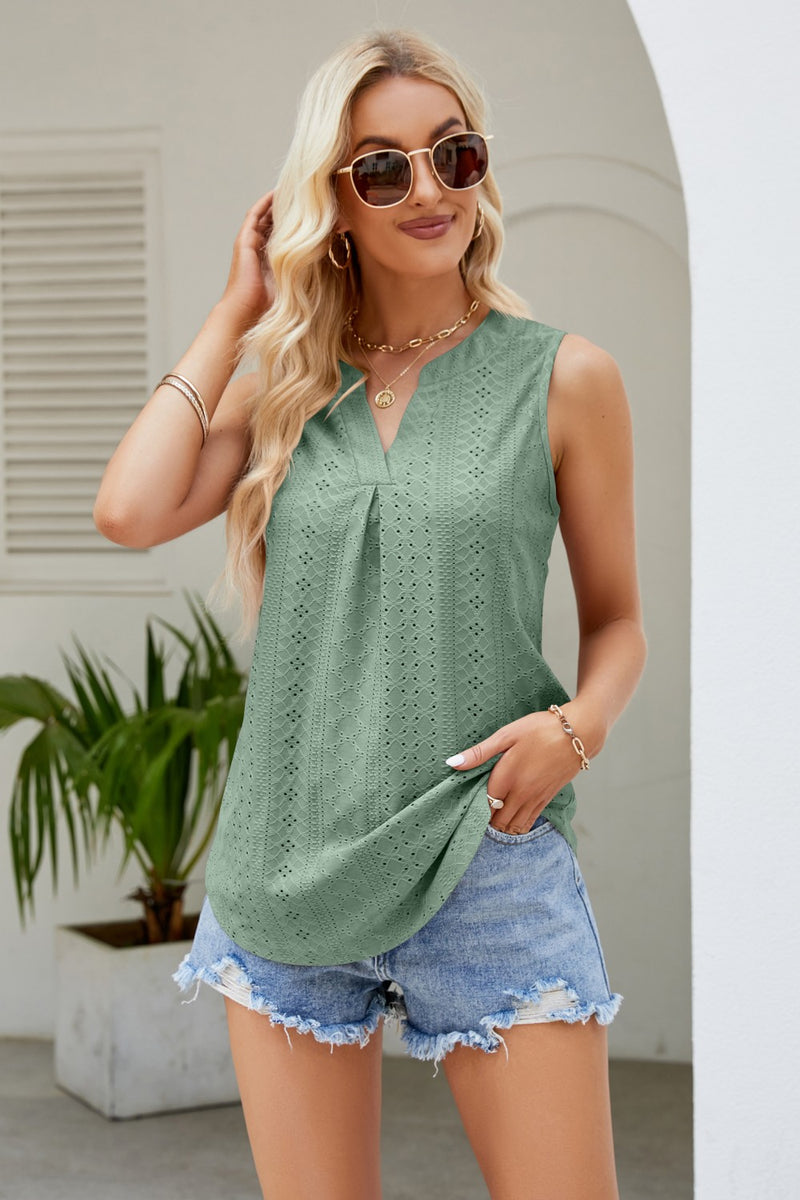 Deal of the Day Scout Notched Neck Curved Hem Eyelet Tank