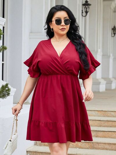 Keely Plus Size Ruched Surplice Flounce Sleeve Mini Dress