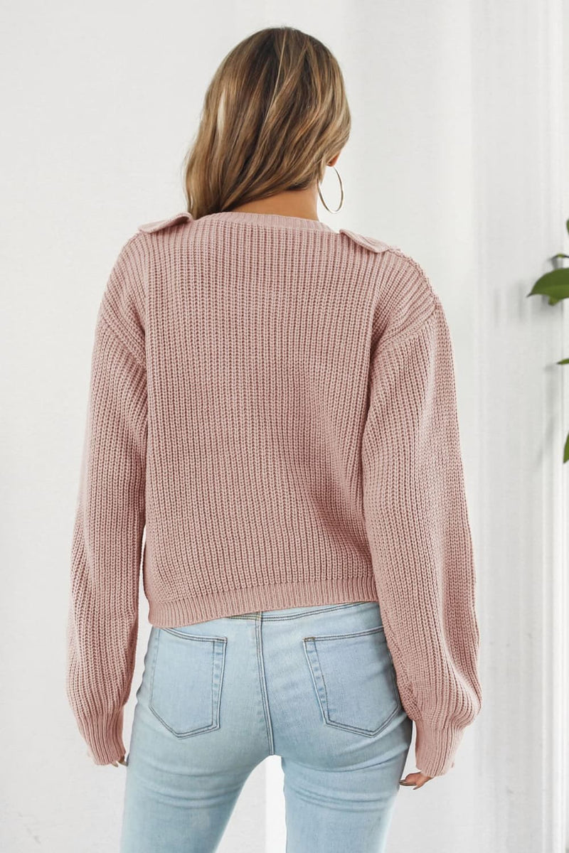 Audrey Ruffle Trim Button-Down Dropped Shoulder Sweater