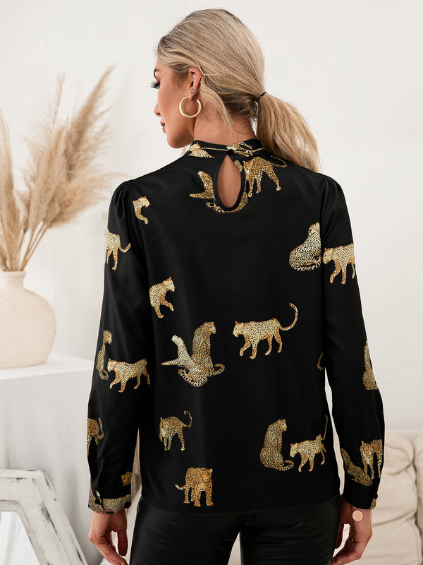 Brantley Leopard Graphic Mock Neck Puff Sleeve Blouse