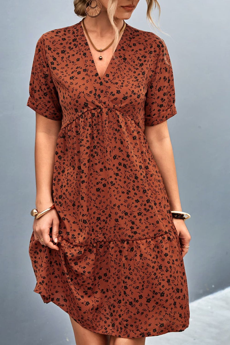 Ollie Ditsy Floral Empire Waist Plunge Short Sleeve Dress - Deal of the Day!