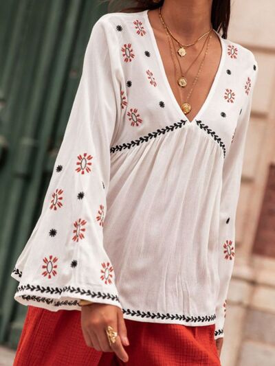 Juliet Embroidered V-Neck Long Sleeve Blouse -- Deal of the day!