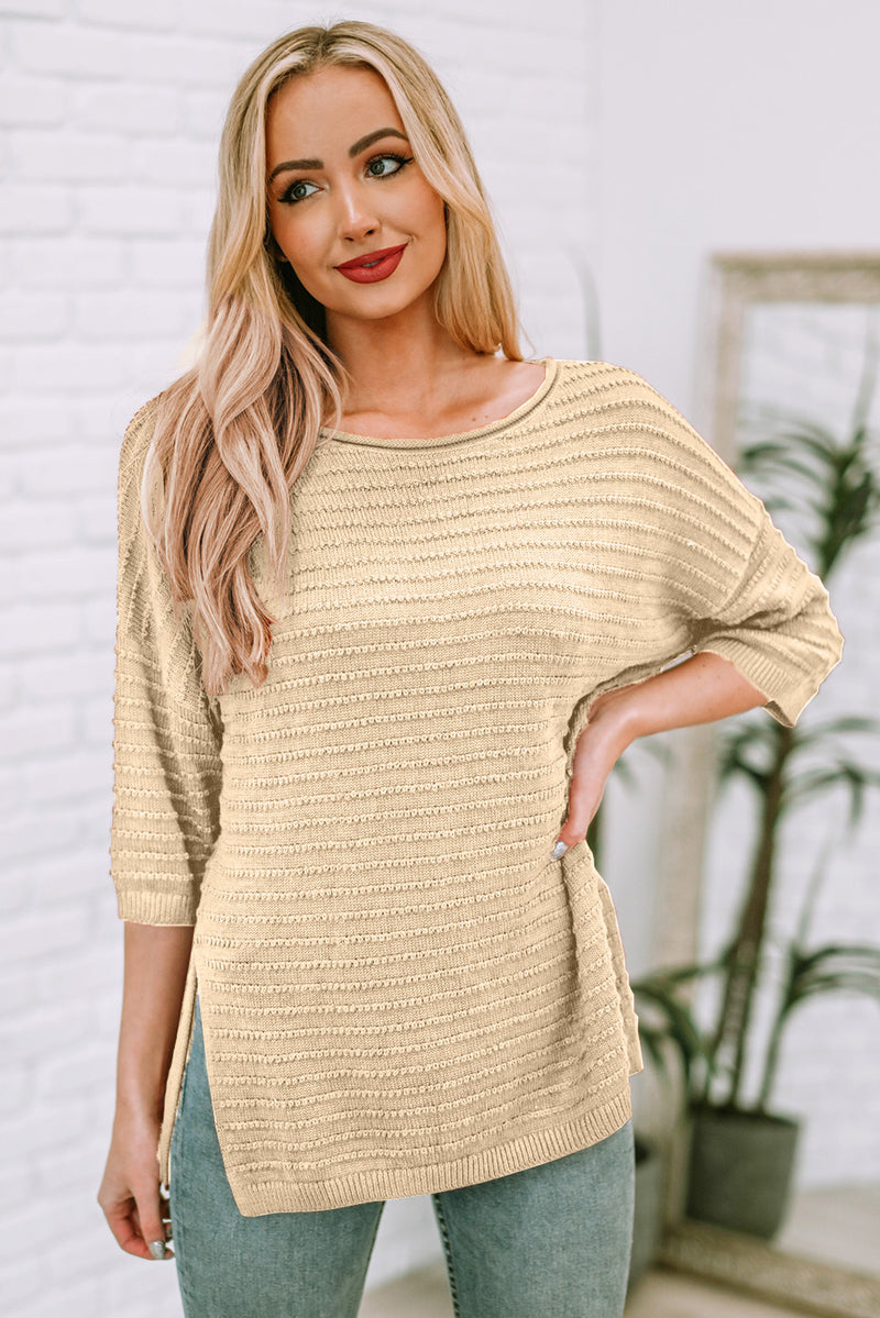 Colette Round Neck Dropped Shoulder Side Slit Pullover Sweater
