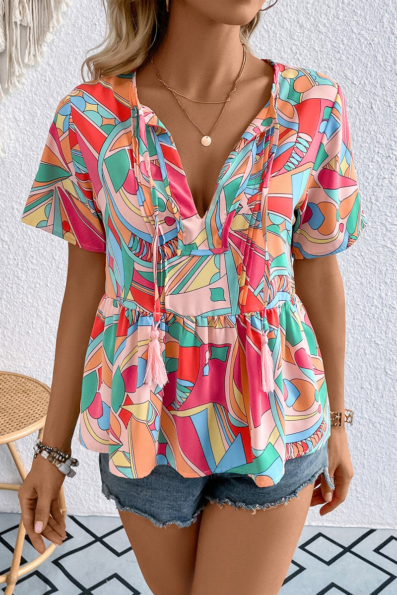 Alicia Printed Tie Neck Short Sleeve Blouse -- Deal of the day!