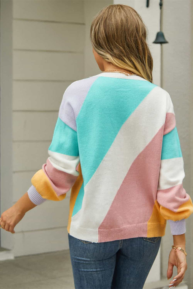 Miley Color Block Round Neck Long Sleeve Sweater