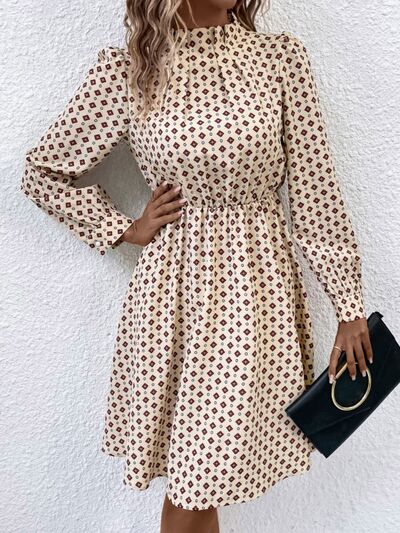 Mia Printed Ruched Mock Neck Long Sleeve Dress
