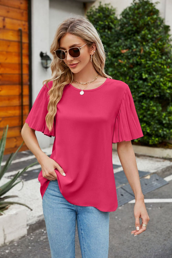 Mazie Pleated Flutter Sleeve Round Neck Blouse- Deal of the Day