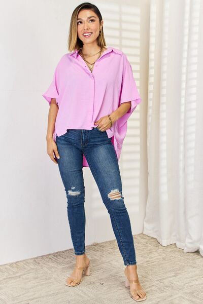 Anita Zenana Texture Button Up Short Sleeve High-Low Shirt