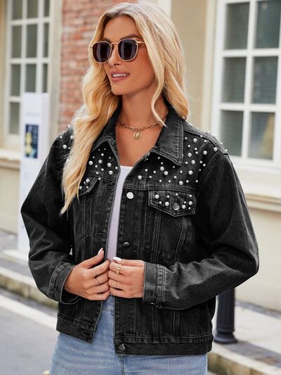Manny Pearl Detail Collared Neck Long Sleeve Denim Jacket