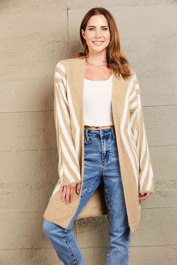 Anna Woven Right Two-Tone Open Front Fuzzy Longline Cardigan