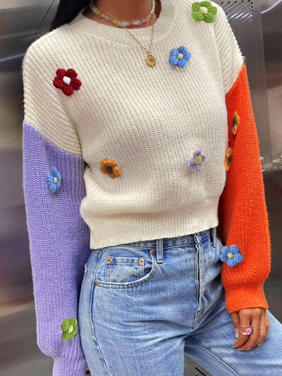 Elena Flower Contrast Round Neck Sweater