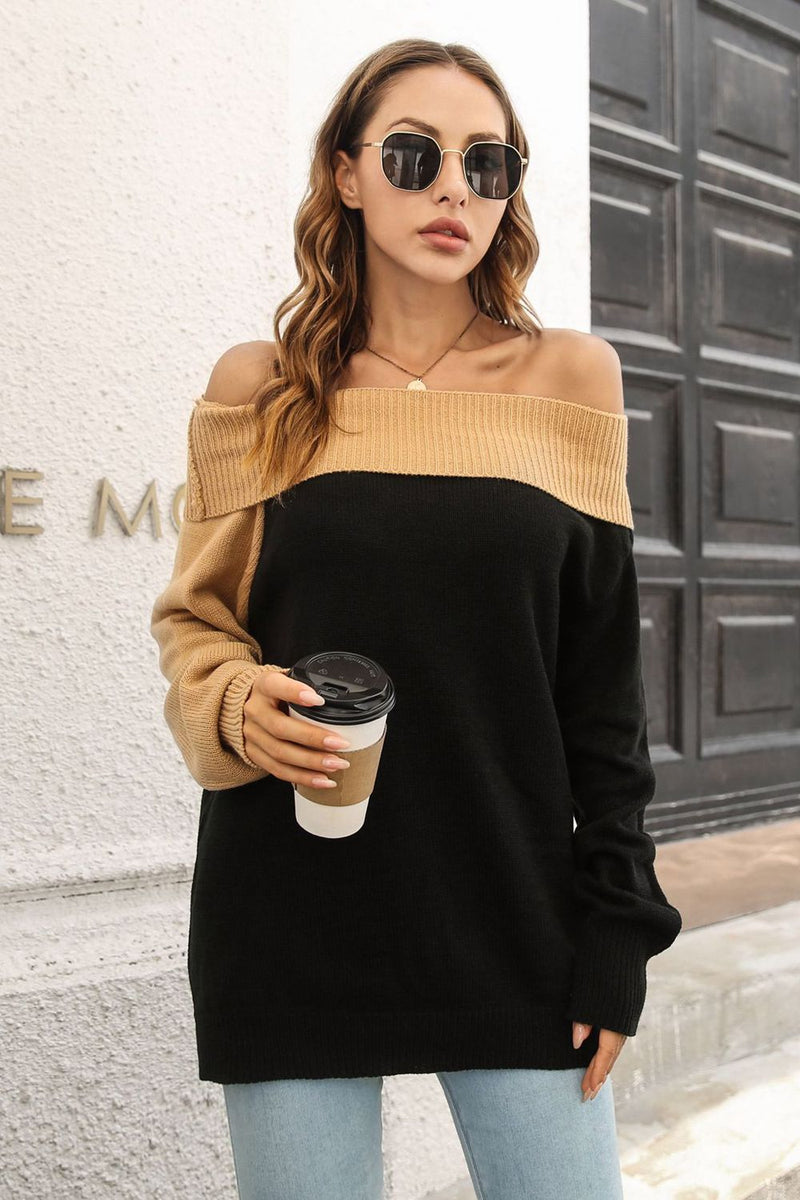 Catalina Ribbed Off-Shoulder Lantern Sleeve Pullover Sweater