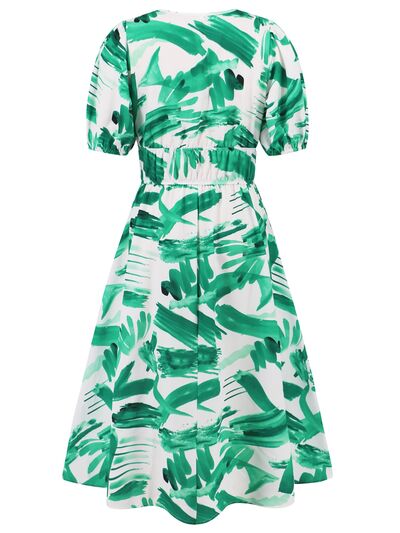 Serena Ruched Printed Surplice Short Sleeve Dress