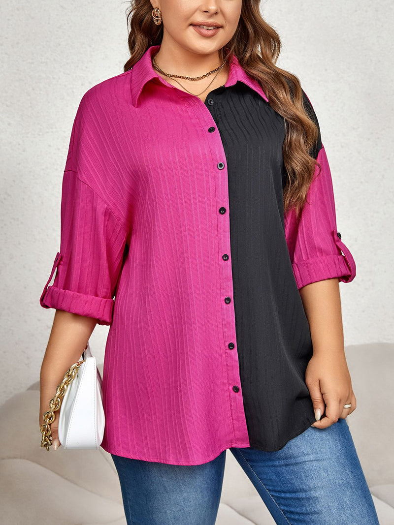 Kendra Plus Size Contrast Color Roll-Tap Sleeve Shirt