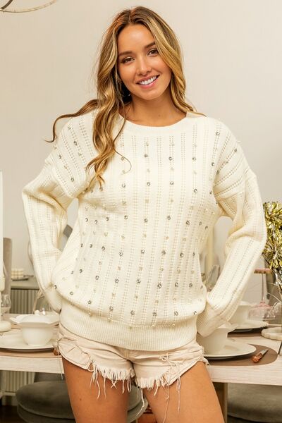 Clarissa Pearl & Rhinestone Decor Long Sleeve Sweater