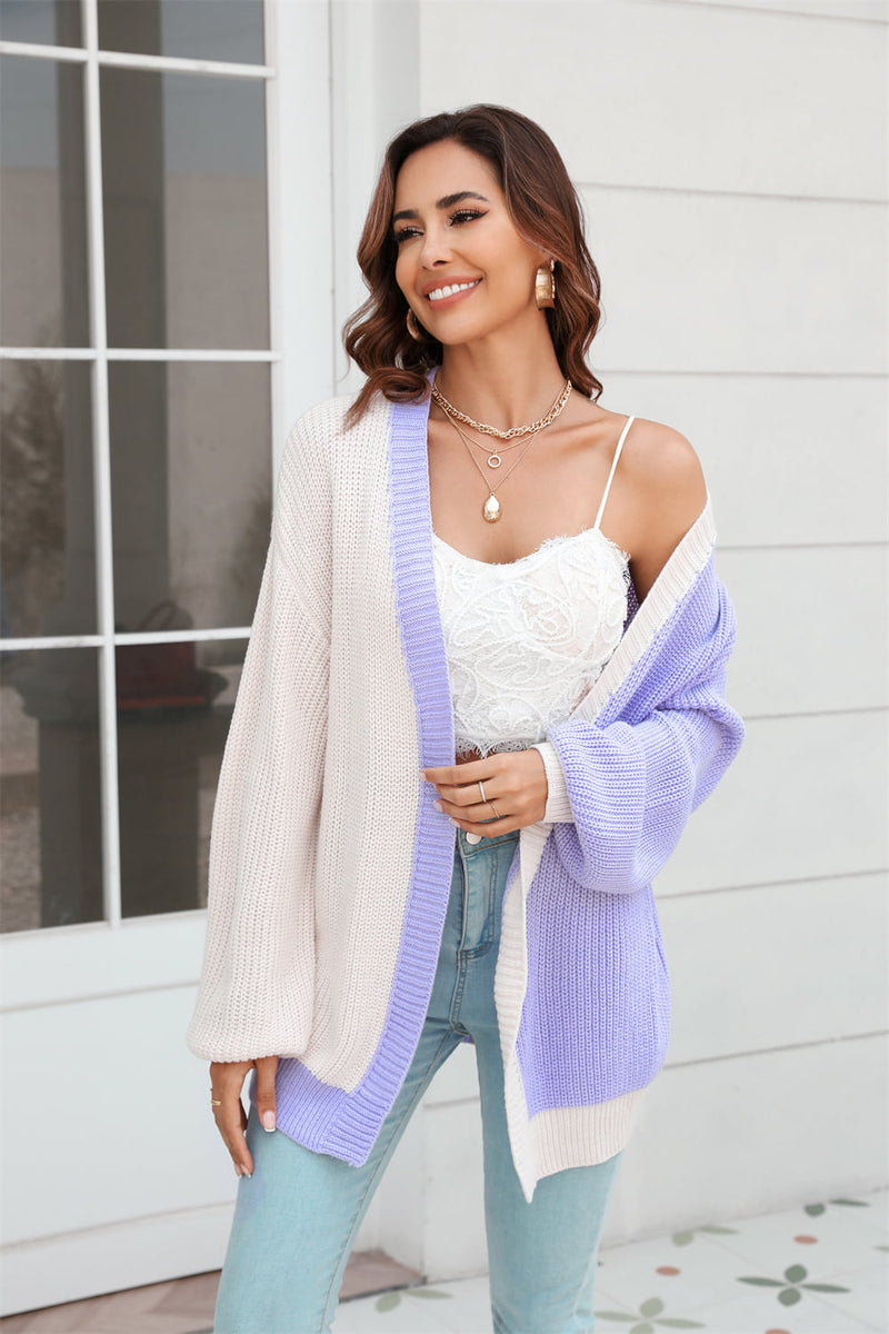 Royce Open Front Contrast Color Balloon Sleeve Cardigan