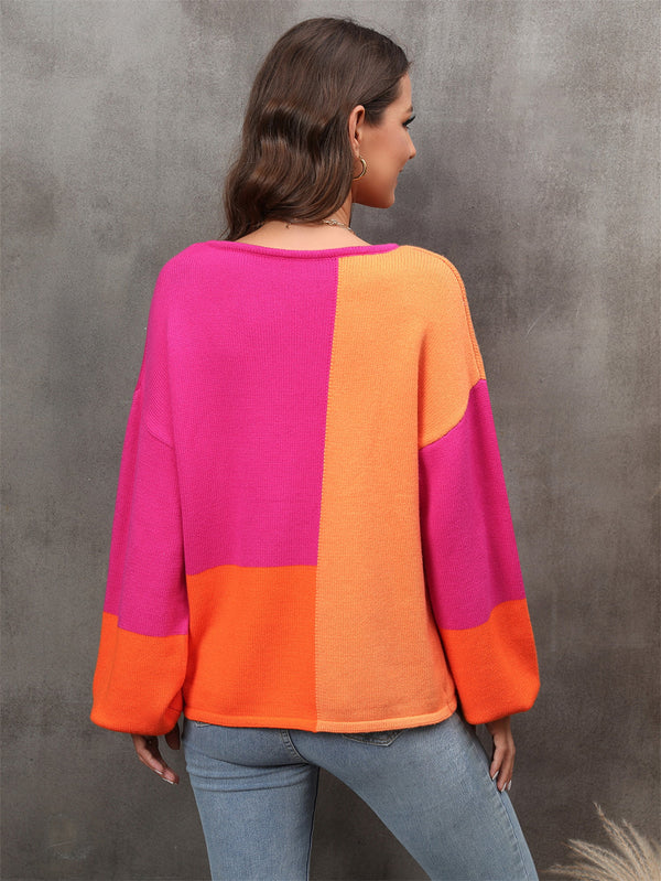 Cassia Color Block Round Neck Dropped Shoulder Sweater