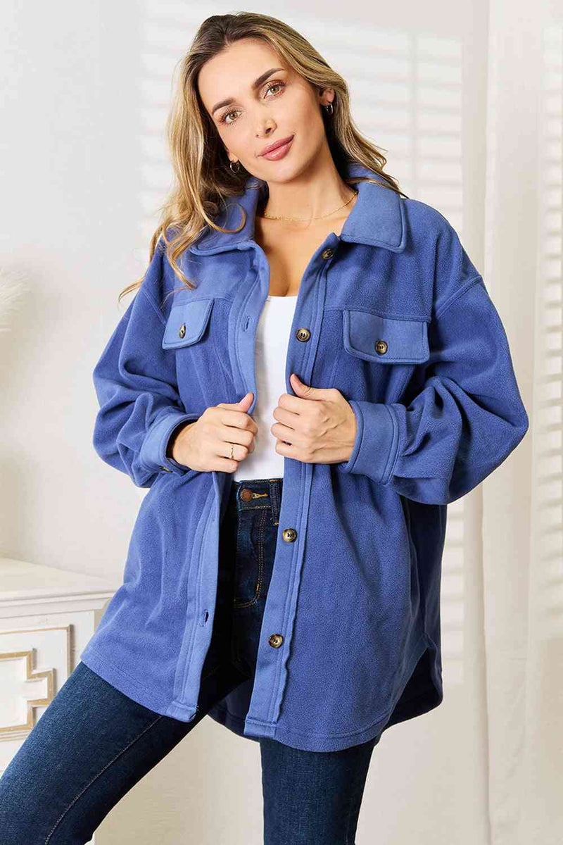 Cozy Girl Full Size Button Down Shacket in Dusty Blue