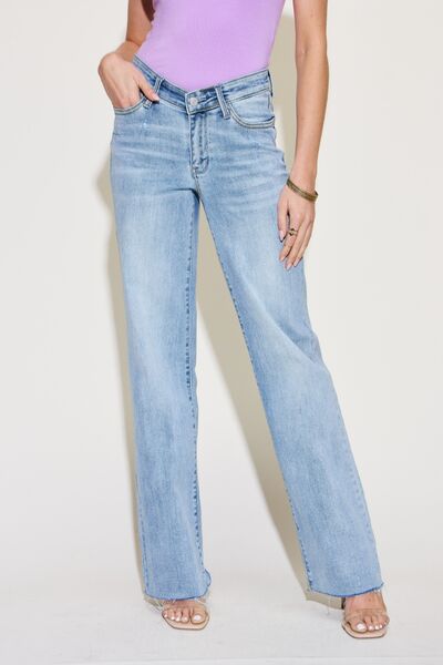 Natasha Judy Blue Full Size V Front Waistband Straight Jeans