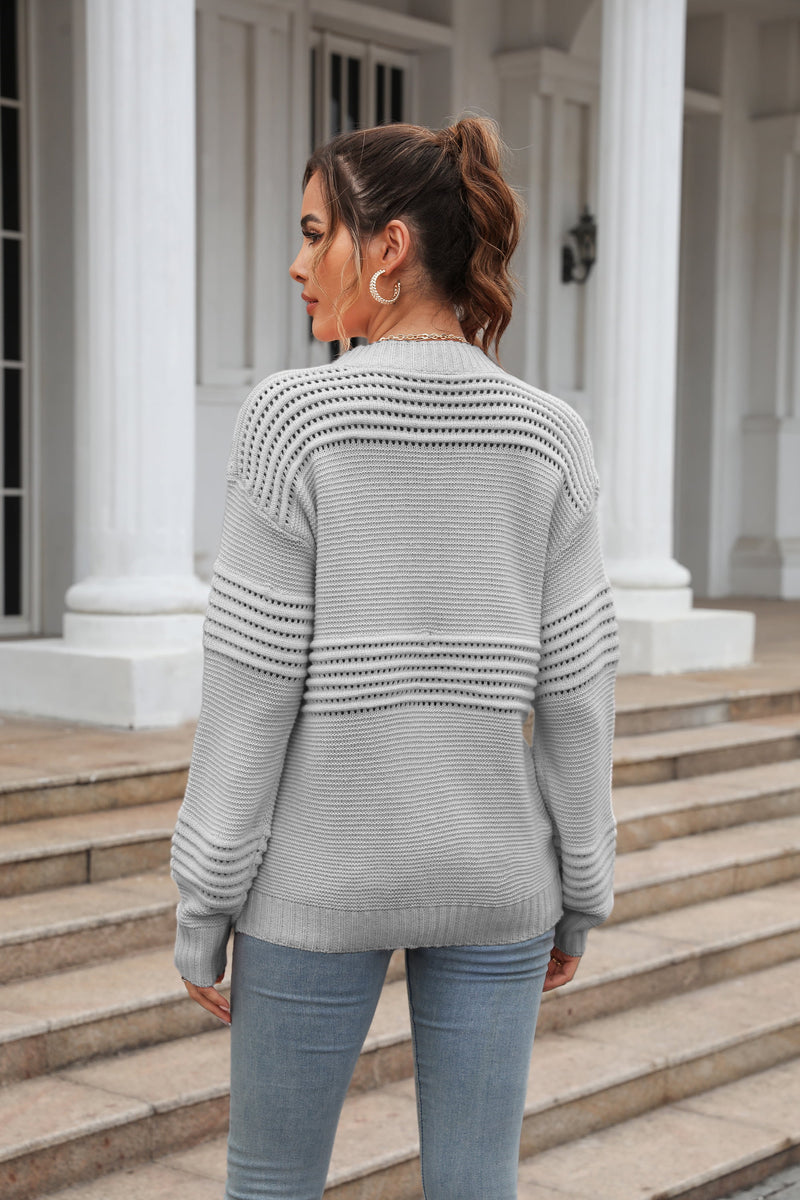 Adina Round Neck Openwork Long Sleeve Pullover Sweater