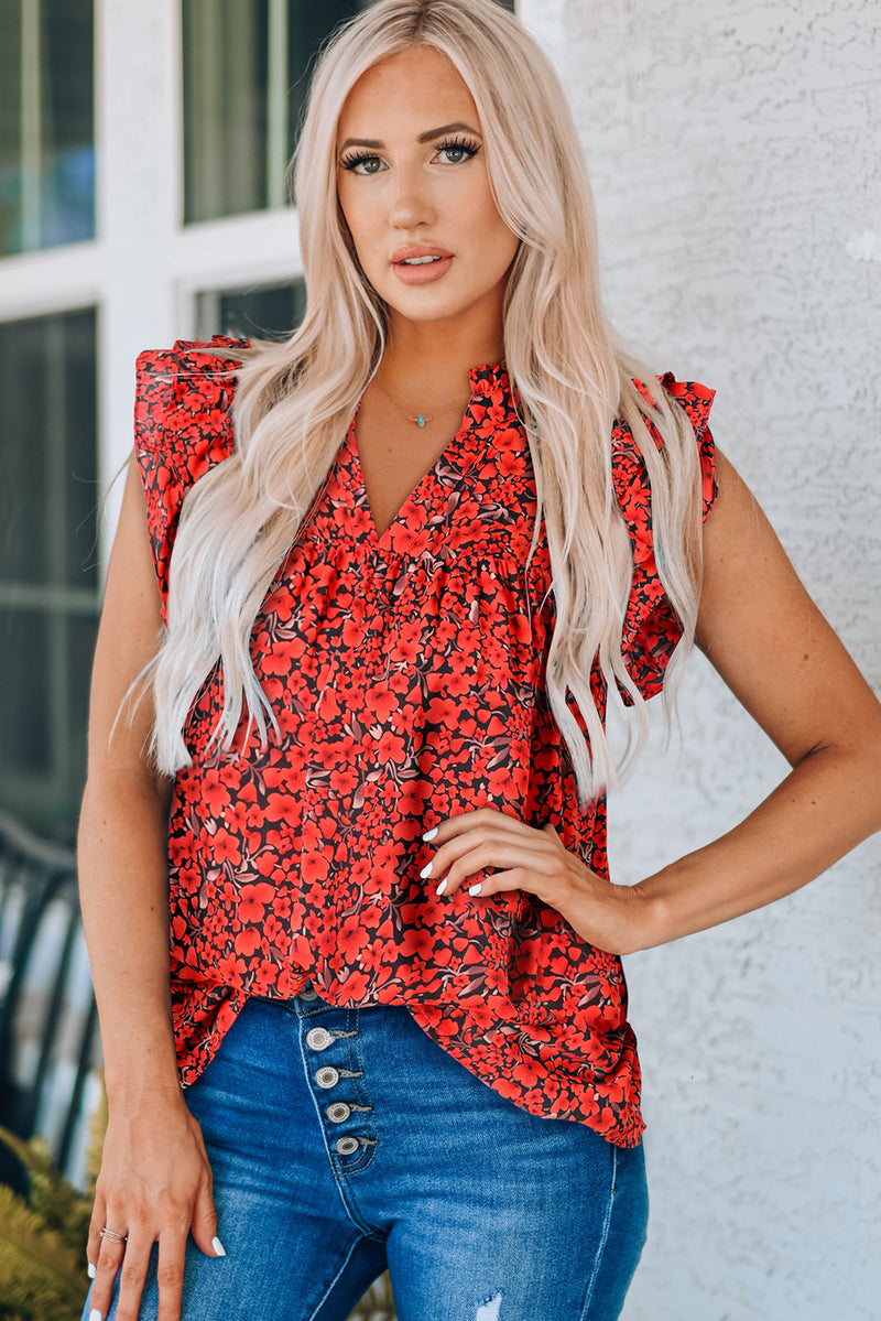 Irie Floral Flutter Sleeve Notched Neck Blouse