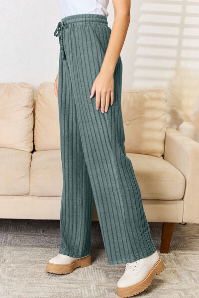 Tarryn Basic Bae Full Size Ribbed Drawstring Hood Top and Straight Pants Set