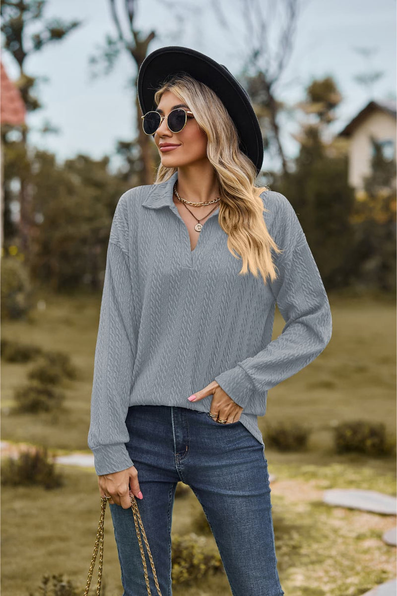 Nora Collared Neck Cable-Knit Long Sleeve Blouse- Deal of the Day!