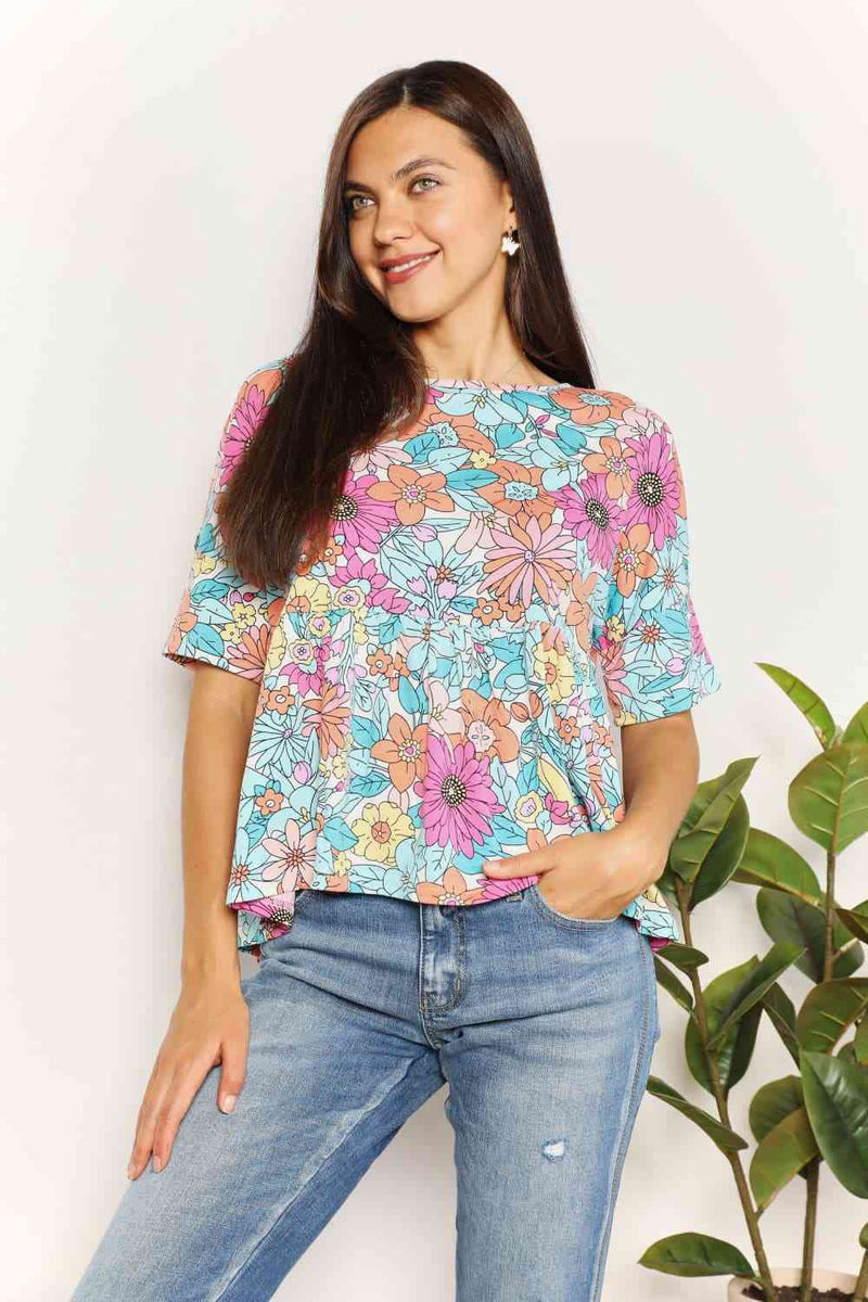 Casilda Double Take Floral Round Neck Babydoll Top