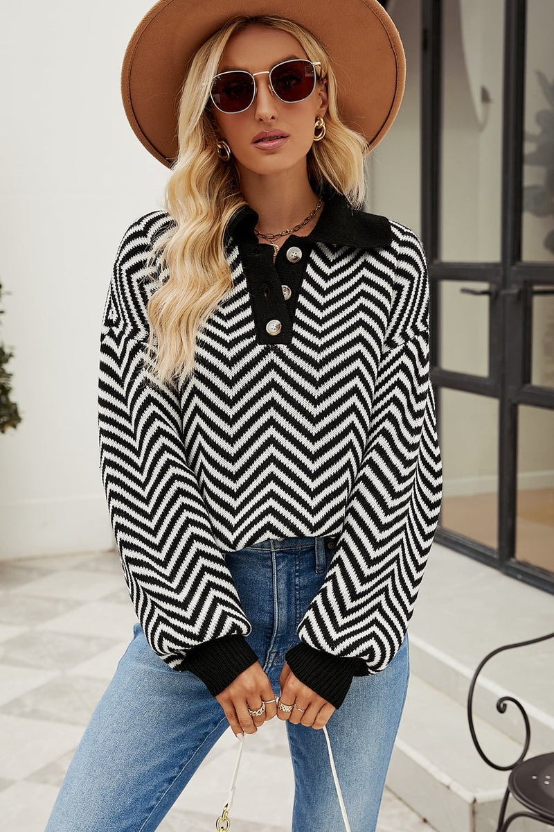 Savannah Striped Collared Neck Buttoned Pullover Sweater