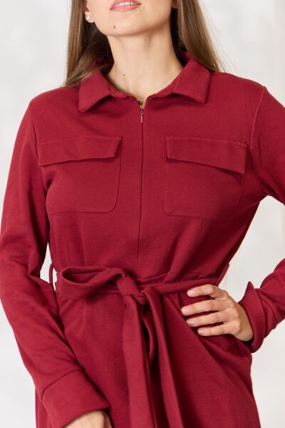 Miri Full Size Tie Front Half Zip Long Sleeve Shirt Dress