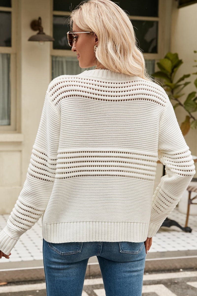 Celine Round Neck Openwork Long Sleeve Pullover Sweater
