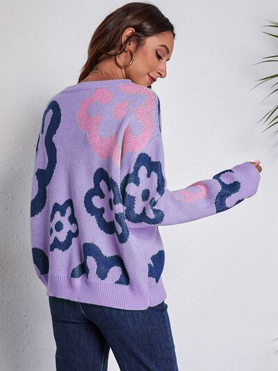 Allia Flower Pattern Round Neck Long Sleeve Sweater