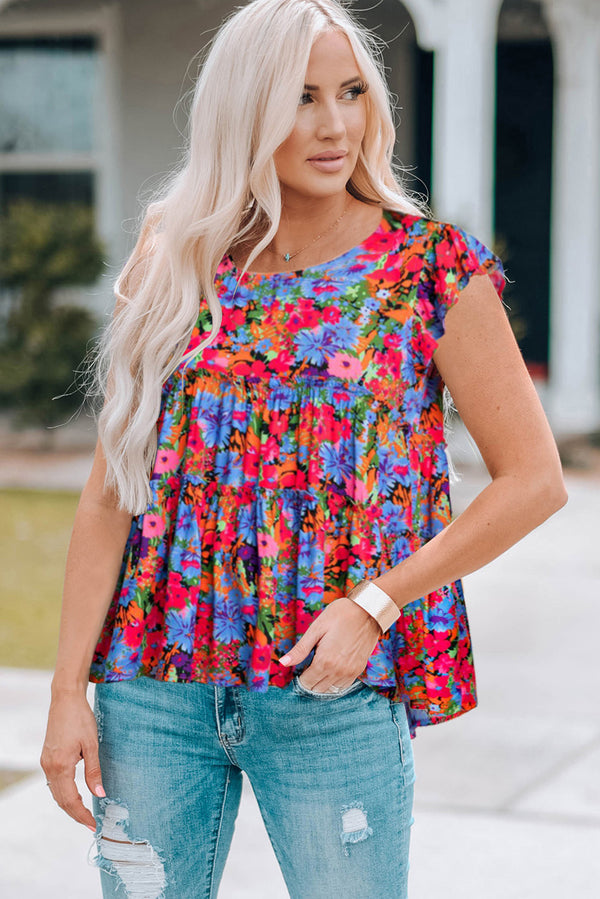 Percy Floral Round Neck Frill Trim Blouse