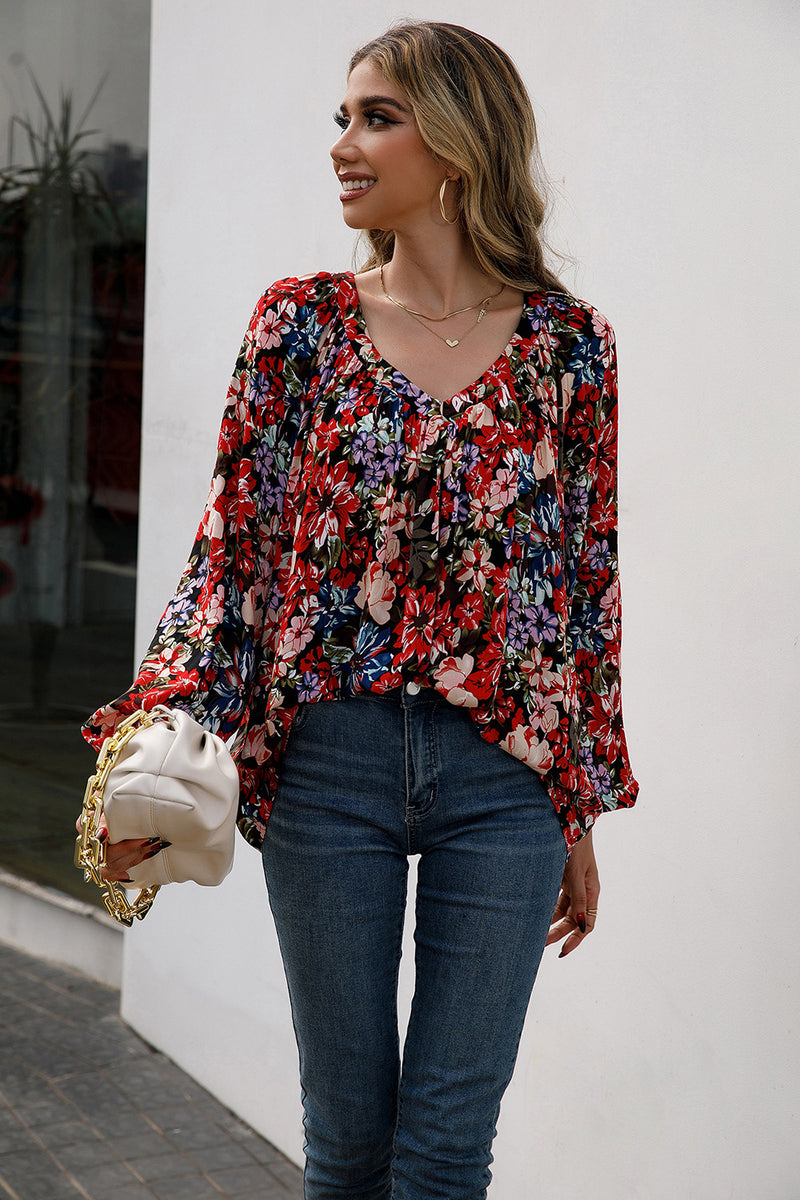 Adley Floral Print Balloon Sleeve Ruched Blouse