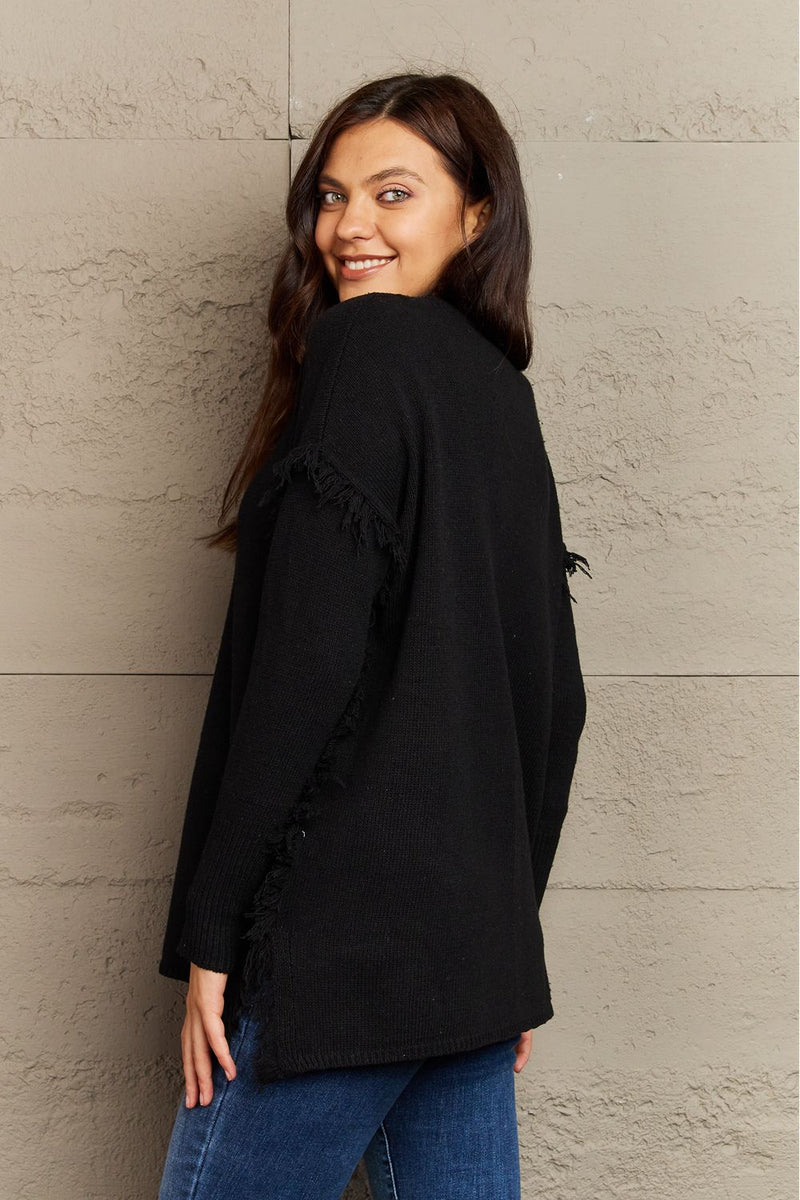 Milan Buttoned Dropped Shoulder Raw Hem Pullover Sweater