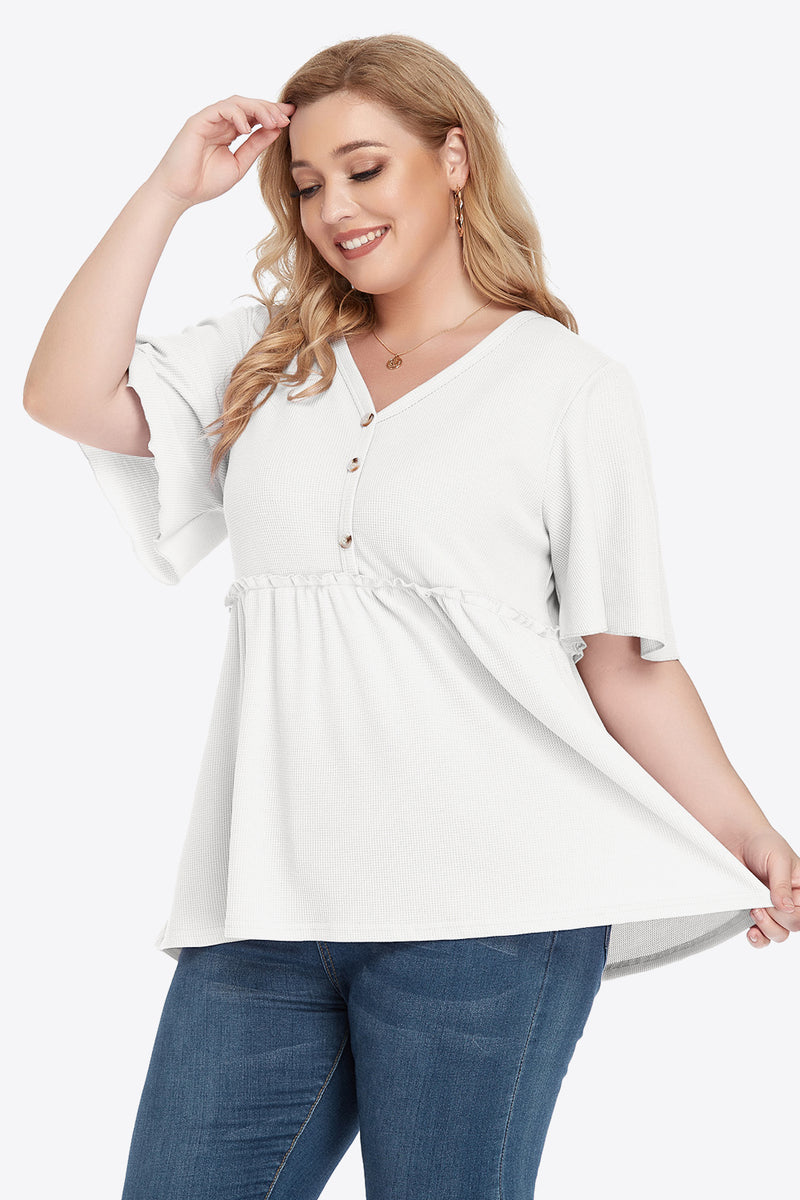 Deal of the Day Carly Plus Size Buttoned V-Neck Frill Trim Babydoll Blouse