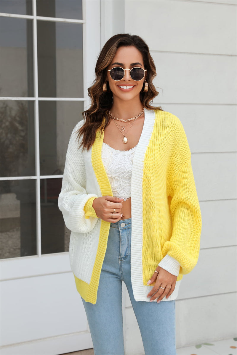 Royce Open Front Contrast Color Balloon Sleeve Cardigan
