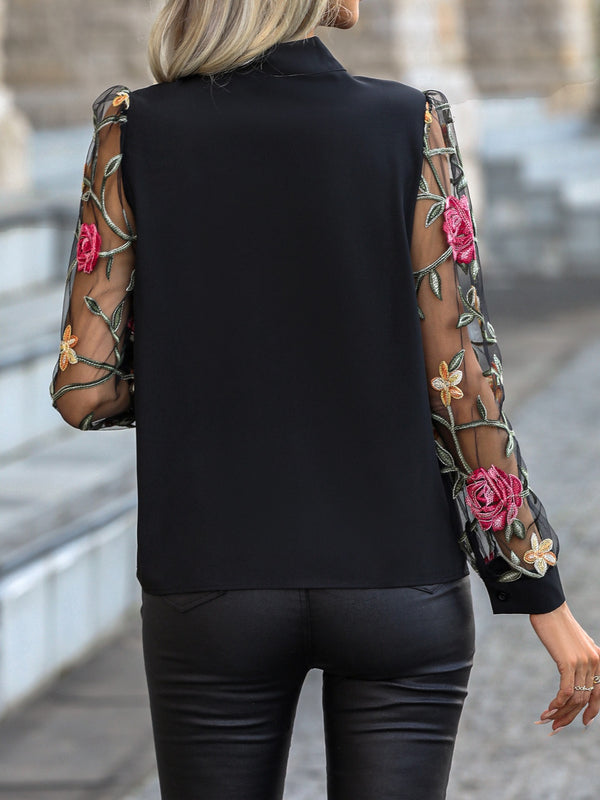 Poppy Printed Tie Neck Long Sleeve Blouse