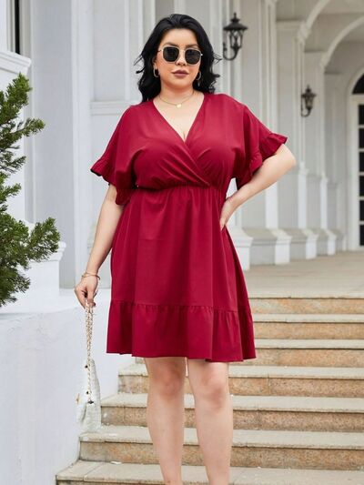Keely Plus Size Ruched Surplice Flounce Sleeve Mini Dress