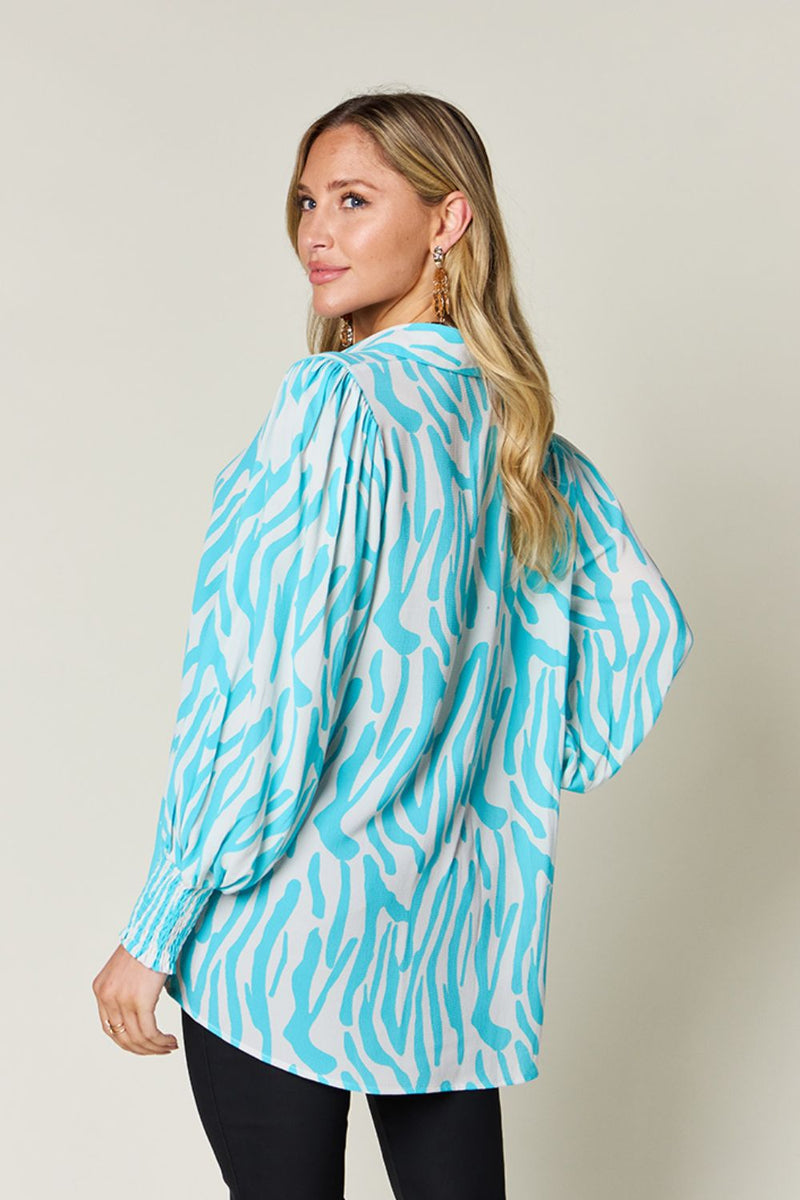 Trisha Double Take Full Size Printed Smocked Long Sleeve Blouse
