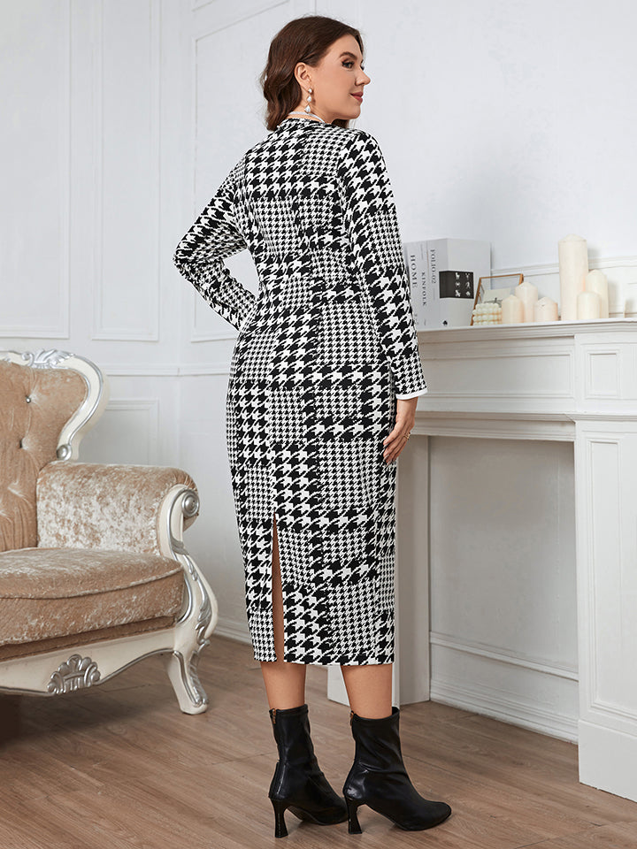 Raya Plus Size Houndstooth Button-Down Long Sleeve Dress