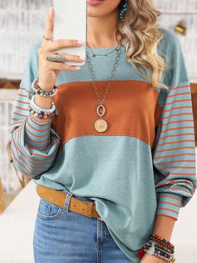 Leslie Round Neck Striped Long Sleeve Slit T-Shirt -- Deal of the day!