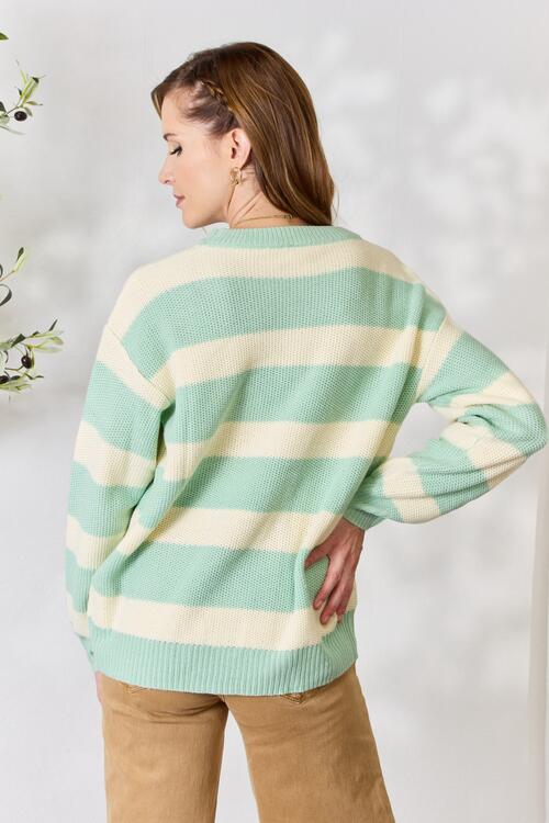 Chastity Full Size Contrast Striped Round Neck Sweater