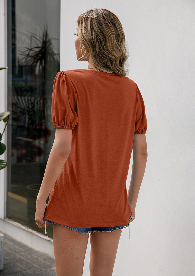 Skyler V-Neck Decorative Buttons Puff Sleeve Tee- Deal of the Day!